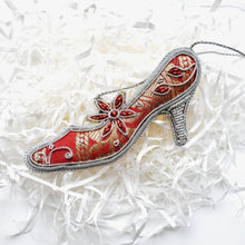 Load image into Gallery viewer, Embroidered womens red and silver shoe Christmas hanging ornament BoutiqueByMariam.
