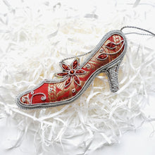 Load image into Gallery viewer, Embroidered womens red and silver shoe Christmas hanging ornament BoutiqueByMariam.