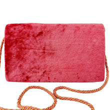 Load image into Gallery viewer, Faded red velvet purse with cord strap, back view. 
