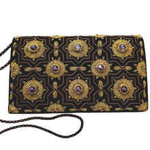 Load image into Gallery viewer, Luxury black velvet evening clutch bag embroidered with geometric pattern of eight sided stars and flowers in antique gold color and embellished with genuine amethyst gemstones, formal clutch, gold and black zardozi purse.