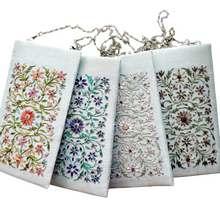 Load image into Gallery viewer, Four aqua blue slim crossbody bags hand embroidered with flowers, zardozi purse.
