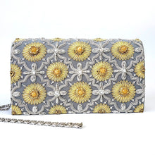 Load image into Gallery viewer, Luxury gray velvet evening clutch bag with embroidered silver arabesque pattern and yellow flowers embellished with genuine citrine gemstones, floral wedding clutch, gold and silver zardozi purse.
