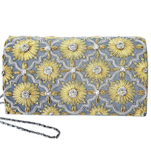Load image into Gallery viewer, Luxury gray velvet evening clutch bag with embroidered silver arabesque pattern and yellow flowers embellished with clear quartz stones, floral wedding clutch, gold and silver zardozi purse.