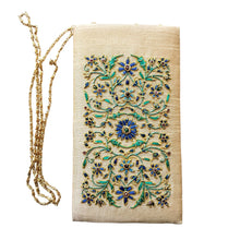 Load image into Gallery viewer, Gold beige phone sleeve with chain hand embroidered with blue flowers, zardozi purse.