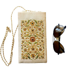Load image into Gallery viewer, Gold beige soft sunglasses case eyeglasses case hand embroidered with brown flowers and inlaid with gemstones.