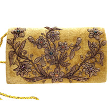 Load image into Gallery viewer, Gold velvet and bronze floral clutch bag BoutiqueByMariam. 
