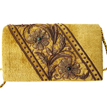 Load image into Gallery viewer, Gold velvet embroidered clutch with bronze flowers BoutiqueByMariam.
