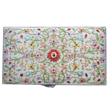 Load image into Gallery viewer, Gray silk jewelry storage box embroidered with multicolored flowers and gemstones BoutiqueByMariam.