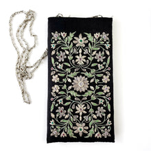 Load image into Gallery viewer, Gray floral embroidered black silk crossbody phone sleeve phone pouch BoutiqueByMariam.