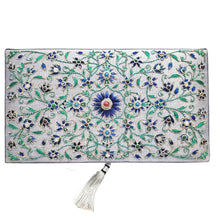 Load image into Gallery viewer, Gray silk bridal keepsake box embroidered with blue flowers and ruby gemstone BoutiqueByMariam.