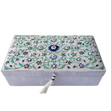 Load image into Gallery viewer, Gray silk bridal keepsake box embroidered with blue flowers, top view, BoutiqueByMariam.