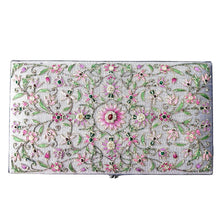 Load image into Gallery viewer, Gray silk jewelry storage box keepsake box embroidered with pink flowers and gemstones BoutiqueByMariam.