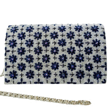 Load image into Gallery viewer, Luxury gray velvet evening clutch bag embroidered with silver quatrefoil cloverleaf pattern and navy blue flowers and embellished with genuine amethyst gemstones, floral wedding clutch, silver and gray and blue zardozi purse.