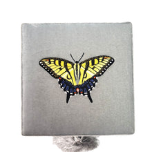 Load image into Gallery viewer, Gray velvet jewelry box keepsake box hand embroidered with yellow swallowtail butterfly. 
