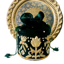 Load image into Gallery viewer, Embroidered hunter green velvet potli bag with gold zardozi embroidery and beads BoutiqueByMariam.