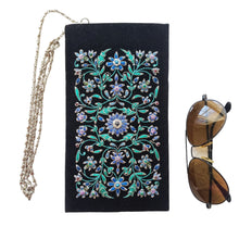 Load image into Gallery viewer, Hand embroidered black and blue floral sunglasses case, eyeglasses case, with chain. 
