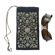 Load image into Gallery viewer, Hand embroidered black and gray floral eyeglasses case sunglasses case with chain, zardozi crossbody bag.