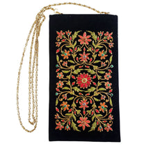 Load image into Gallery viewer, Hand embroidered black red floral crossbody bag inlaid with gemstones, zardozi crossbody bag.