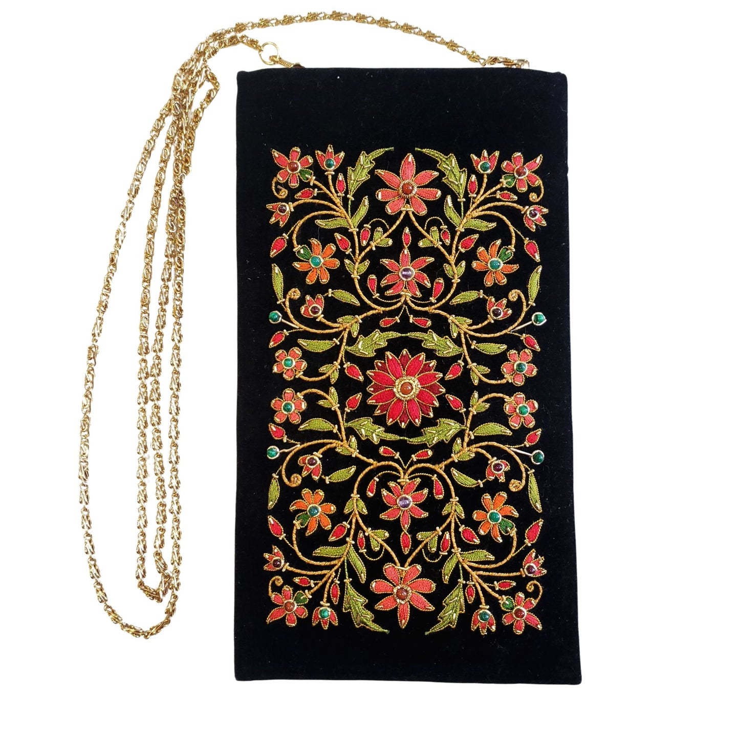 Hand embroidered black red floral crossbody bag inlaid with gemstones, zardozi crossbody bag. 