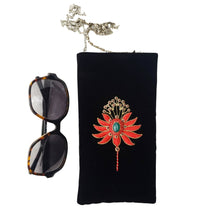 Load image into Gallery viewer, Hand embroidered black velvet eye glasses case or sun glasses case with chain, with red flower inlaid with green onyx, zardozi.
