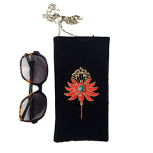 Load image into Gallery viewer, Hand embroidered black velvet eye glasses case or sun glasses case with chain, with red flower inlaid with green onyx, zardozi.