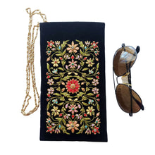 Load image into Gallery viewer, Hand embroidered black velvet phone sleeve or sunglasses case with multicolor flowers and chain.