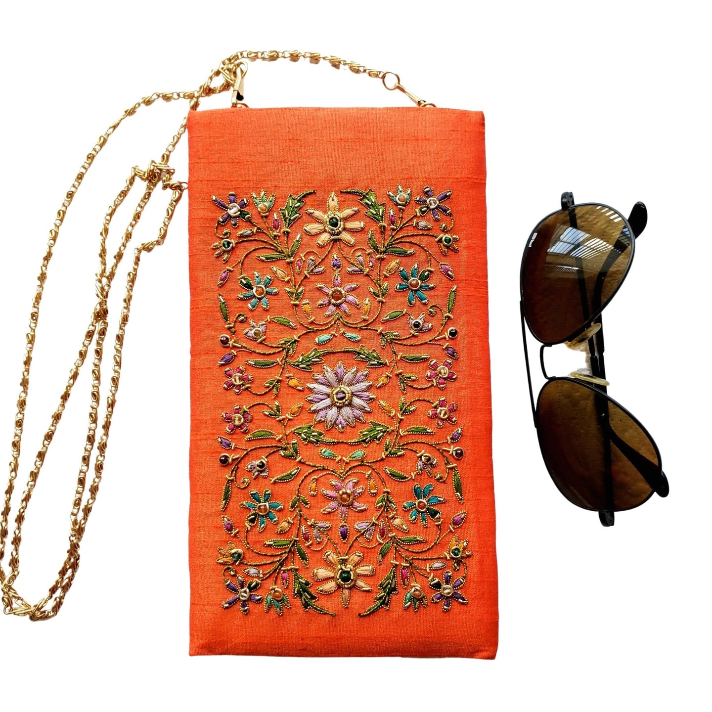 Hand embroidered orange silk eyeglasses cases, sunglasses cases, with multicolor flowers, zardozi purse.