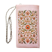 Load image into Gallery viewer, Hand embroidered pink slim crossbody bag hand embroidered with orange flowers and inlaid with gemstones. 
