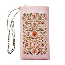 Load image into Gallery viewer, Hand embroidered pink slim crossbody bag hand embroidered with orange flowers and inlaid with gemstones.