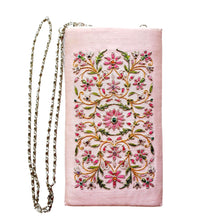 Load image into Gallery viewer, Hand embroidered pink slim crossbody bag phone sleeve with pink flowers.