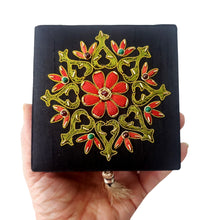Load image into Gallery viewer, Hand embroidered small black silk jewelry storage box embroidered with red flower and ruby gemstone.