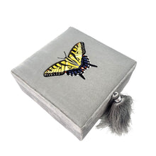 Load image into Gallery viewer, Hand embroidered yellow swallowtail butterfly on gray velvet decorative box.