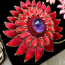 Load image into Gallery viewer, Hand embroidered zardozi red flower with central amethyst cabochon BoutiqueByMariam.