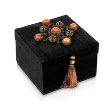 Load image into Gallery viewer, Handmade black silk small keepsake box embroidered in copper and inlaid with jade, carnelian, garnet gemstones.