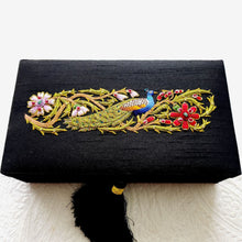 Load image into Gallery viewer, Heirloom silk keepsake box embroidered with peacock, decorative bird box.