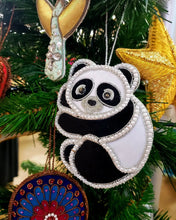 Load image into Gallery viewer, Hand embroidered black and white velvet panda bear hanging Christmas ornament, outlined in faux pearls, zardozi ornament.