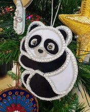 Load image into Gallery viewer, Hand embroidered black and white velvet panda bear hanging Christmas ornament, outlined in faux pearls, zardozi ornament.