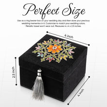 Load image into Gallery viewer, Infographic of handmade black square jewelry storage box showing dimensions.