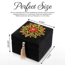 Load image into Gallery viewer, Infographic of size of black keepsake box embroidered with red flower.