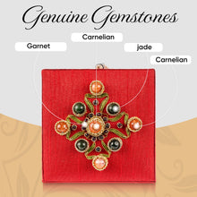 Load image into Gallery viewer, Infographic of top of keepsake box showing jade carnelian garnet gemstones.
