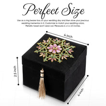 Load image into Gallery viewer, Infographic showing size of handmade luxury keepsake box embroidered with pink flower and inlaid with ruby gemstone.