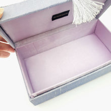 Load image into Gallery viewer, Interior view gray silk keepsake bridal box BoutiqueByMariam.