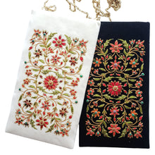 Load image into Gallery viewer, Ivory velvet or black velvet hand embroidered small crossbody bag with red flowers and chain.
