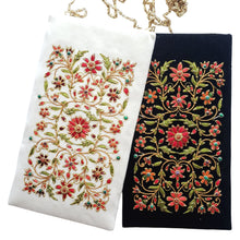 Load image into Gallery viewer, Ivory velvet or black velvet hand embroidered small crossbody bag with red flowers and chain.