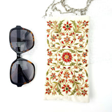 Load image into Gallery viewer, Ivory velvet soft glasses case embroidered with red flowers BoutiquebyMariam.
