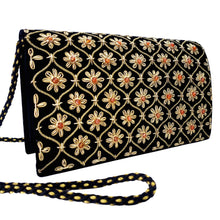 Load image into Gallery viewer, Luxury black and gold evening clutch bag with carnelian stones, side view, BoutiqueByMariam.
