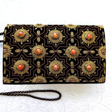 Load image into Gallery viewer, Luxury black and gold gala evening bag inlaid with carnelian gemstones BoutiqueByMariam. 
