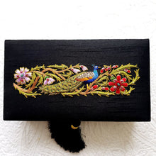 Load image into Gallery viewer, Luxury black silk jewelry storage box embroidered with peacock and inlaid with gemstones.