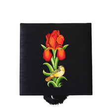 Load image into Gallery viewer, Luxury black silk square decorative box hand embroidered with bird and red iris flower. 
