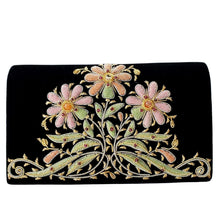 Load image into Gallery viewer, Luxury black velvet evening clutch bag embroidered with three daisy flowers in pastel orange color and traditional flecks embellished with genuine gemstones, floral wedding clutch, black and orange zardozi purse.